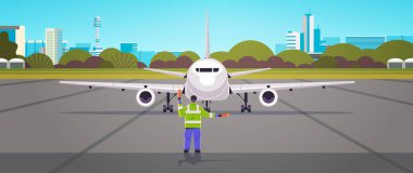 aviation marshaller supervisor in uniform signaling near aircraft air traffic controller airline worker in signal vest professional airport staff clipart