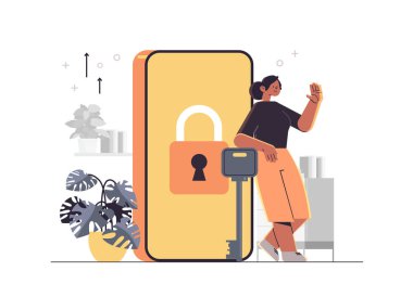 Kilitli akıllı telefonun yanında duran asma kilitli mobil hesap gizlilik güvenlik konsepti tam boy