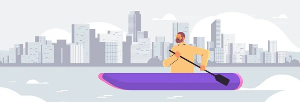 Homme aviron petit bateau gars pagaie canoë kayak canoë pagaie vacances actives concept d'activité d'été — Image vectorielle