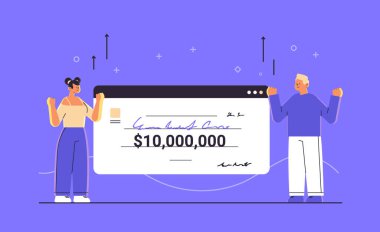 10 milyon dolarlık piyango sertifikası tutan mutlu insanlar kadın ikramiyeyi kazanan erkekler para kazanıyor yatay vektör illüstrasyonunu kazanıyor.