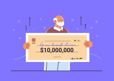 10 milyon dolarlık piyango sertifikası elinde tutan yaşlı adam büyük ikramiyeyi kazanan büyükbaba para kazanan yatay portre illüstrasyonunu kazandı.
