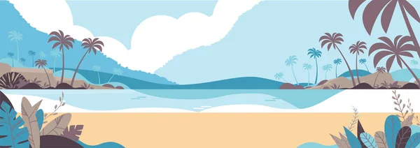 Hermoso Paisaje Playa Tropical Playa Verano Con Palmeras Montañas Ilustración — Vector de stock