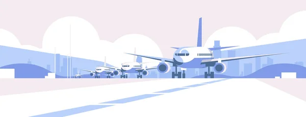 Terminal Del Aeropuerto Con Aviones Que Vuelan Aviones Despegando Transporte — Archivo Imágenes Vectoriales