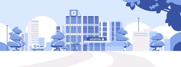 Hospital Edificio Ambulancia Coche Centro Médico Concepto Clínica Moderna Exterior — Vector de stock