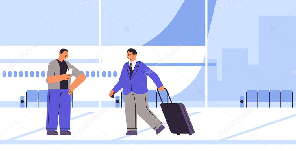 passengers with baggage walking at modern airport terminal waiting hall departure lounge interior traveling concept horizontal full length vector illustration