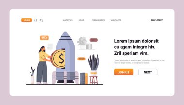 İş kadını uzay roketi sektörüne dolar yatırıyor. Yeni proje geliştirme zenginliği yatırım kavramı başlatıyor. Yatay olarak tam boy fotokopi alanı çizimi.