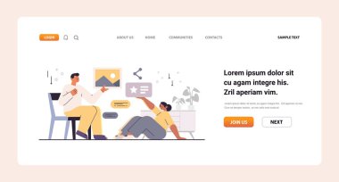 İnsanlar dijital teknolojiyle buluşurken fotoğrafları paylaşıyor ve tartışıyorlar sosyal medya iletişim konsepti yatay tam uzunlukta fotokopi alanı illüstrasyonu