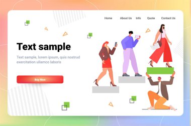 İş adamları merdiven tırmanma kariyer büyüme motivasyon iş rekabet takım çalışması konsepti yatay tam uzunlukta vektör illüstrasyonu