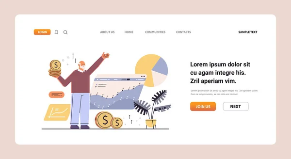 Affärsman Innehav Dollar Mynt Senior Affärsman Analysera Diagram Och Diagram — Stock vektor