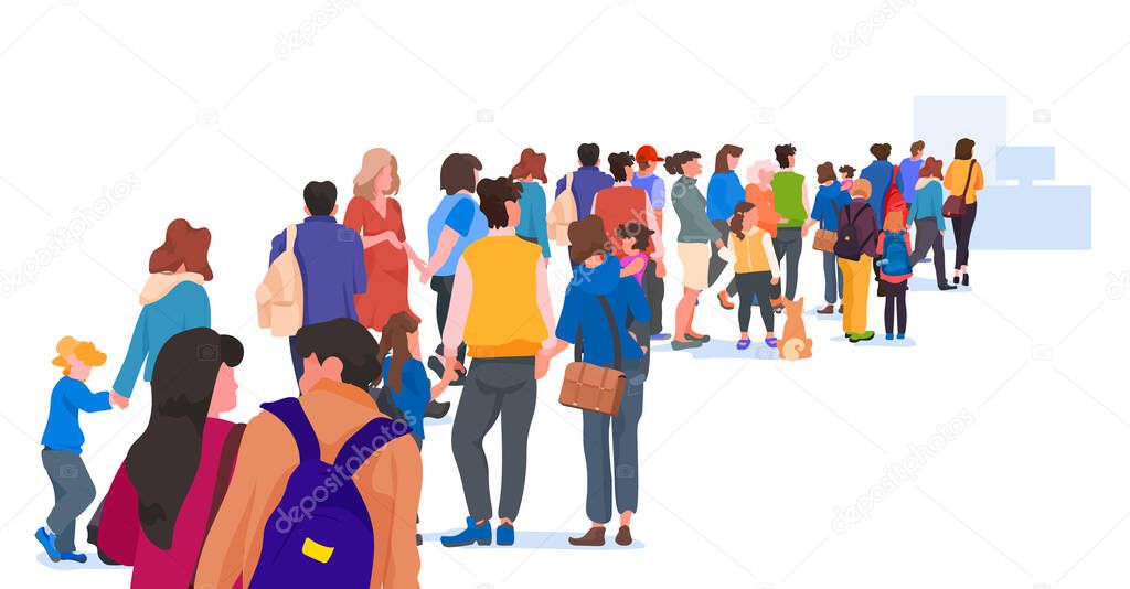 Ukrainian refugees with things rush to border fleeing russian aggression against Ukraine stop war concept horizontal full length vector illustration