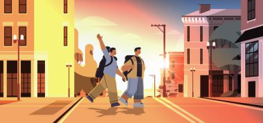 man woman walking on urban town street young couple spending time together outdoors sunset cityscape background horizontal full length vector illustration