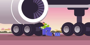 aviation supervisor worker mechanic in signal vest engineer repairing aircraft landing gear wheel professional airport staff concept full length horizontal vector illustration