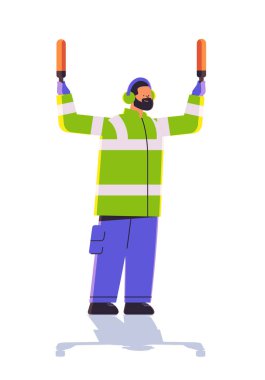 aviation marshaller supervisor in uniform signaling near aircraft air traffic controller airline worker in signal vest professional airport staff concept full length vector illustration clipart