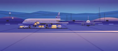 preparing aircraft before flight loading of baggage boarding airplane concept night landscape background horizontal vector illustration