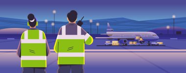 aviation marshallers supervisors in uniform using walkie talkie air traffic controllers airline worker in signal vests professional airport staff concept horizontal night landscape background portrait clipart