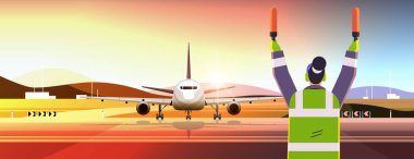 aviation marshaller supervisor in uniform navigate with light sticks air traffic controller airline worker in signal vest professional airport staff concept sunset landscape background portrait vector