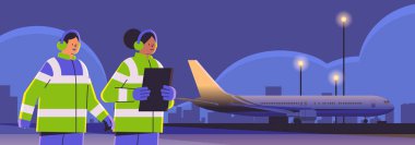 aviation marshallers supervisors in uniform near aircraft air traffic controllers airline workers in signal vests professional airport staff concept portrait horizontal vector illustration