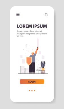 businessman holding sword and shield businessman office worker protection preparation precaution concept vertical full length copy space vector illustration