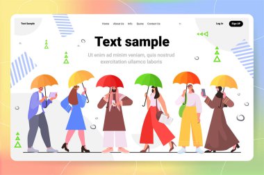 mix race people with umbrellas using smartphones social media communication digital addiction concept full length copy space horizontal vector illustration