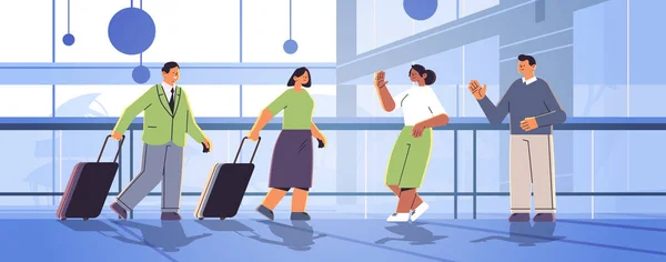 Επιβάτες Αποσκευές Συζητούν Κατά Διάρκεια Συνάντησης Συναδέλφους Επιχειρηματίες Στέκεται Αποσκευές — Διανυσματικό Αρχείο