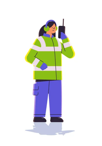 Aviation Marshaller Supervisor Uniform Using Walkie Talkie Woman Air Traffic — Vettoriale Stock