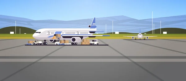 Preparing Aircraft Flight Loading Baggage Boarding Airplane Concept Horizontal Vector — Archivo Imágenes Vectoriales