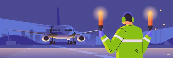 Aviation Marshaller Supervisor Light Sticks Aircraft Air Traffic Controller Airline — Vector de stock