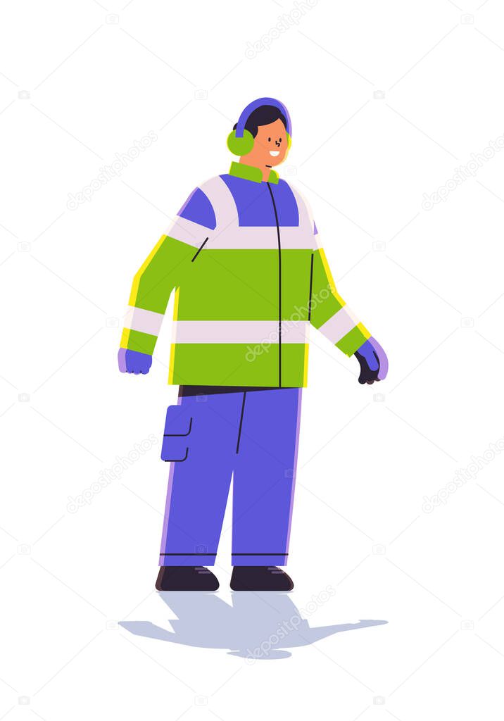 aviation marshaller supervisor in uniform near aircraft air traffic controller airline worker in signal vest professional airport staff concept full length vector illustration