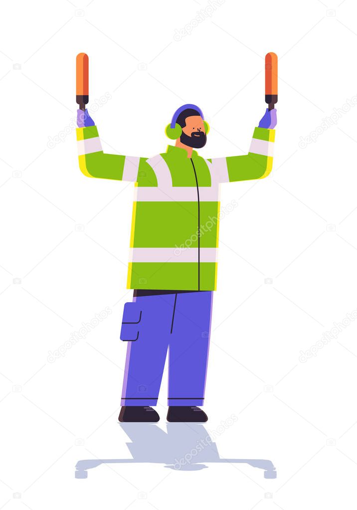 aviation marshaller supervisor in uniform signaling near aircraft air traffic controller airline worker in signal vest professional airport staff concept full length vector illustration