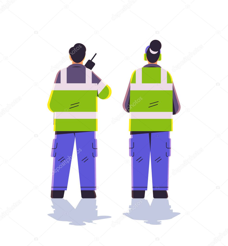 aviation marshallers supervisors in uniform using walkie talkie air traffic controllers airline worker in signal vests professional airport staff concept full length vector illustration