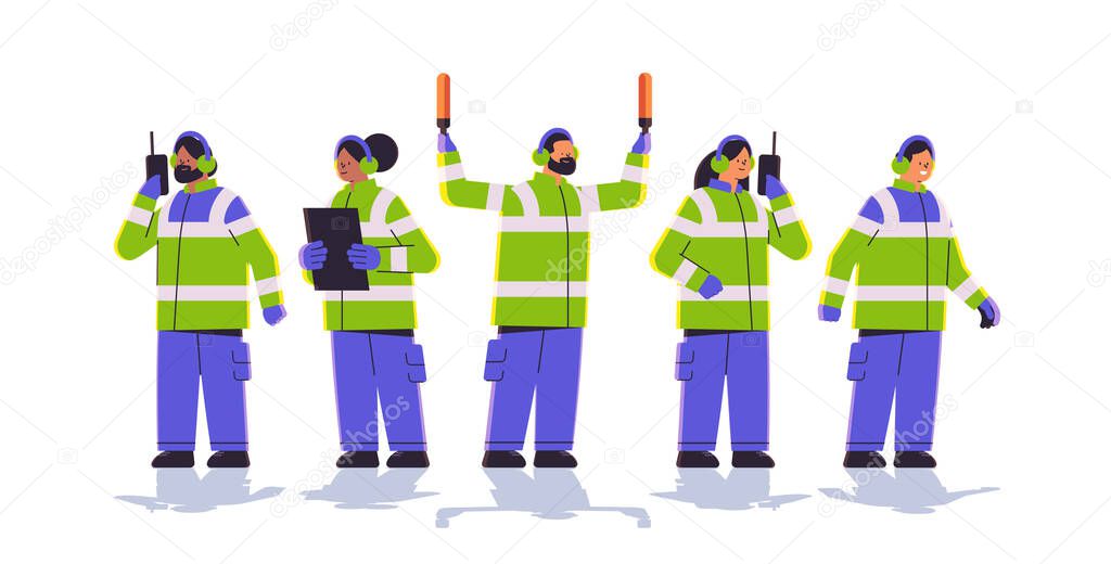 aviation marshallers supervisors team in uniform air traffic controllers airline worker in signal vests professional airport staff concept full length horizontal vector illustration