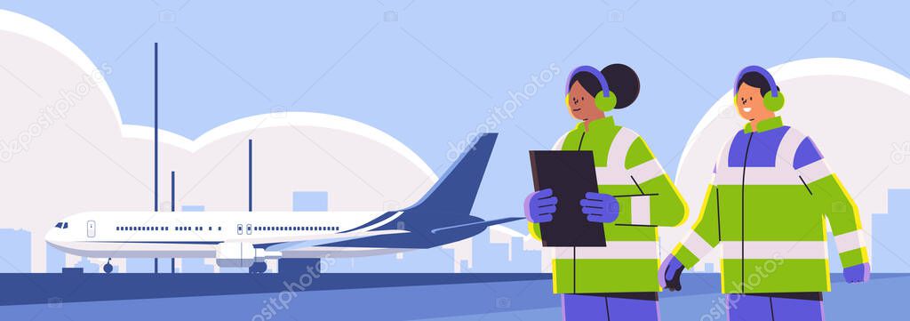 aviation marshallers supervisors in uniform near aircraft air traffic controllers airline workers in signal vests professional airport staff concept portrait horizontal vector illustration