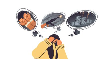 Ukrayna 'da savaş korkusu yaşayan bunalımlı bir kadın umutsuz akıl sağlığı hastalıkları depresyon konsepti çizim tasviri