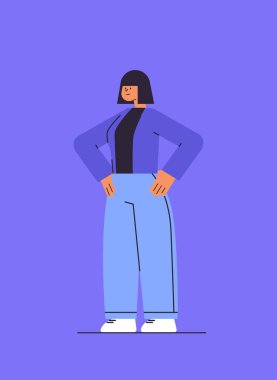 Gündelik elbiseli genç kadın güzel kız ayakta duruyor kadın çizgi film karakteri tam boy dikey vektör çizimi