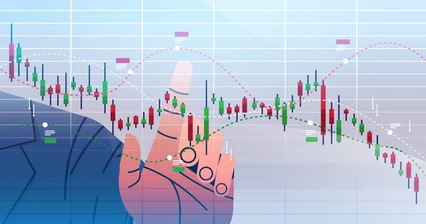 Trader Hand Analyzig Falling Stock Market Trading Graph Candlestick Chart — Vetor de Stock