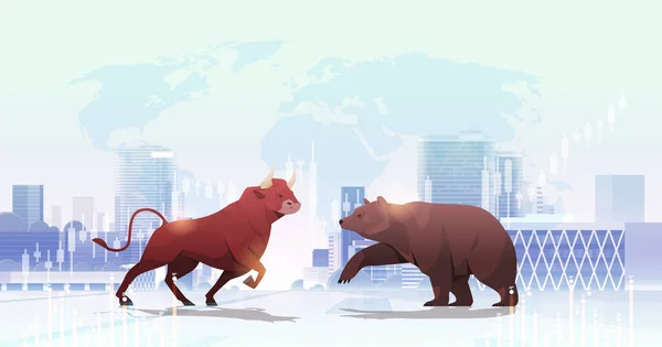 Enojado Toro Lucha Oso Ataque Plantean Animales Mamíferos Peligrosos Mercado — Vector de stock