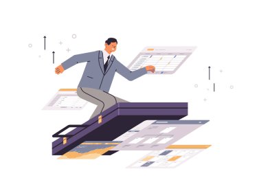 Bavul üzerinde uçan iş adamı finans departmanından gelen finansal istatistik veri belgelerini analiz ediyor.