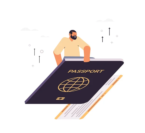 Casual Man Flying Passport Traveling Vacation Tourism Journey Concept Vector — Stock Vector