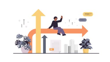 Yükselen okun üzerinde oturan iş adamı finansal büyüme başarılı iş geliştirme kavramı yatay tam uzunlukta vektör illüstrasyonu