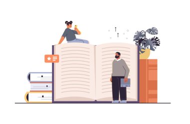 Erkek kadın öğrenciler kitap okuyor eğitim sınavı konsepti yatay tam boy vektör ilüstrasyonu