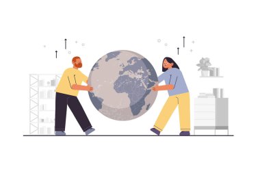 Dünya 'nın geri dönüşümünü destekleyen küresel çevre korumasını tutan erkek kadın gezegen kavramını yatay olarak tam boy vektör illüstrasyonunu kaydet