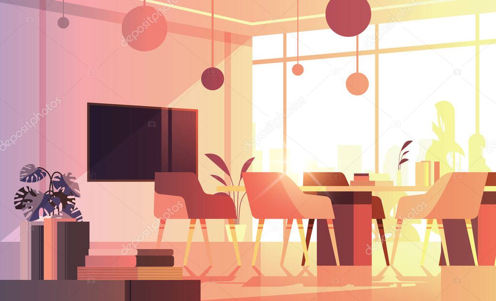 modern coworking area office interior empty no people open space cabinet room with furniture sunset background horizontal vector illustration
