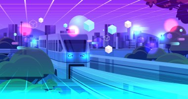Gökdelenleri olan neon şehir ve köprü manzaralı tek raylı tren VR gözlükleri üzerinden sanal gerçeklik teknolojisi konsepti yatay vektör çizimi