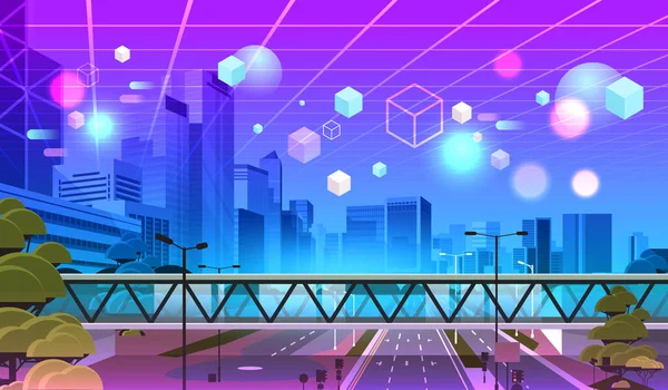 Neon Stad Skyline Wolkenkrabber Gebouwen Uitzicht Door Bril Metaverse Virtual — Stockvector