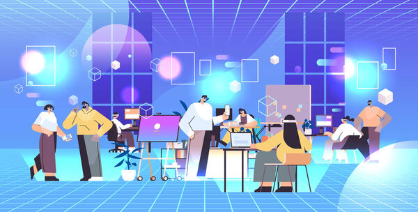 businesspeople in digital glasses working and discussing during conference meeting in office vr vision headset innovation metaverse concept full length horizontal vector illustration