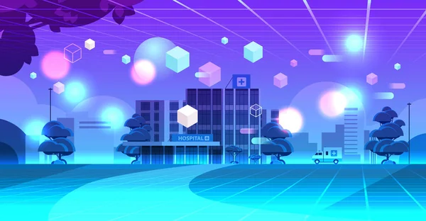 Neon Cityscape Hospital Building Exterior Modern Clinic View Glasses Metaverse — Wektor stockowy