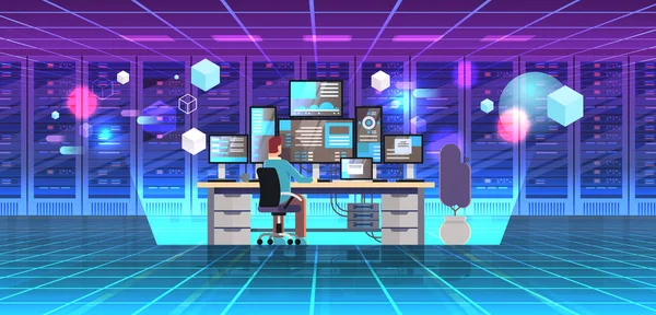 Man Working Online Data Center Room Hosting Server Computer Monitoring — Stock Vector