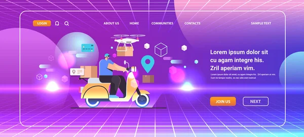 Homem Courier Óculos Equitação Scooter Serviço Entrega Expressa Realidade Virtual —  Vetores de Stock