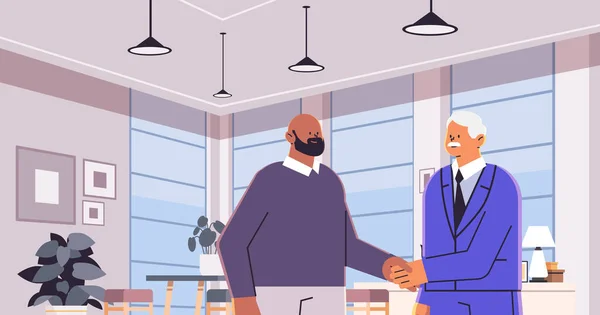 握手を交わすビジネスマンが合意書の締結に成功チームワークのコンセプト現代的なオフィスの内部水平肖像ベクトルイラスト — ストックベクタ