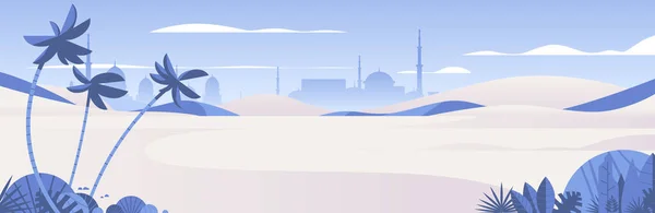 Prachtige Zomerwoestijn Met Palmen Moslim Stadsgezicht Horizontale Vector Illustratie — Stockvector